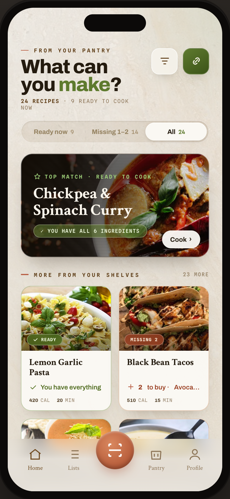 Recipes matched to your pantry